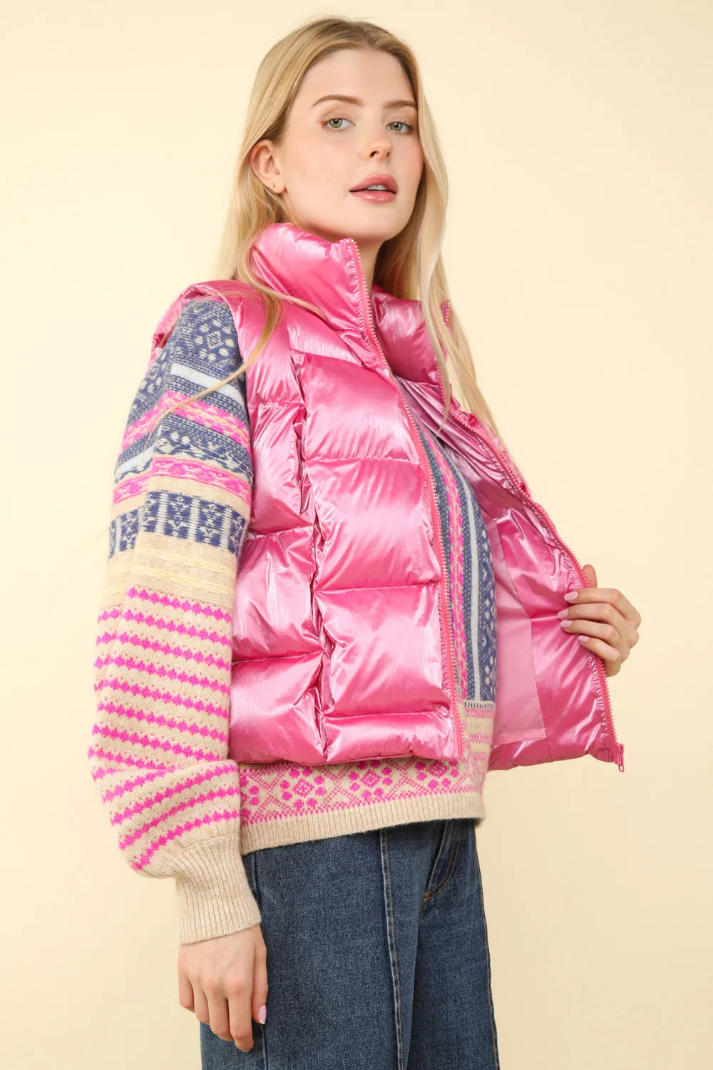 Pink Shiny Metallic Puffer Vest
