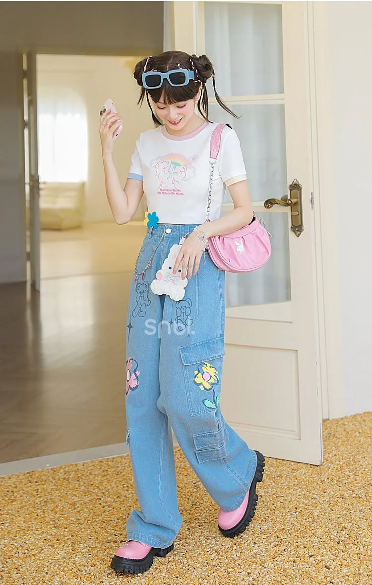 Rainbow Flower Print High-Rise Jeans