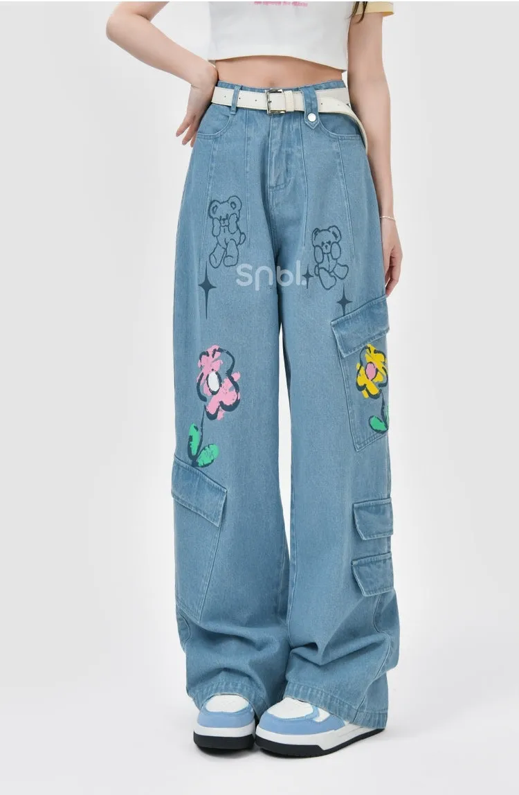 Rainbow Flower Print High-Rise Jeans