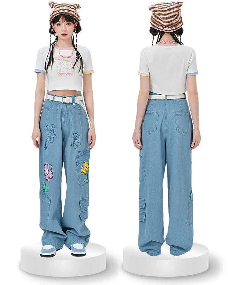 Rainbow Flower Print High-Rise Jeans