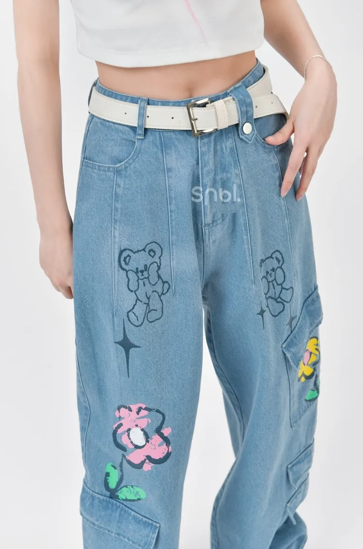 Rainbow Flower Print High-Rise Jeans