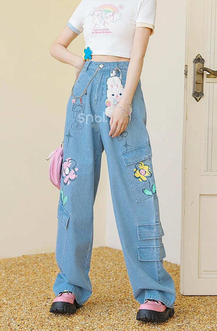 Rainbow Flower Print High-Rise Jeans