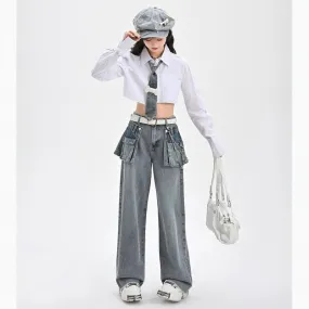 Retro Style Large Pocket Design High-Waisted Straight Jeans