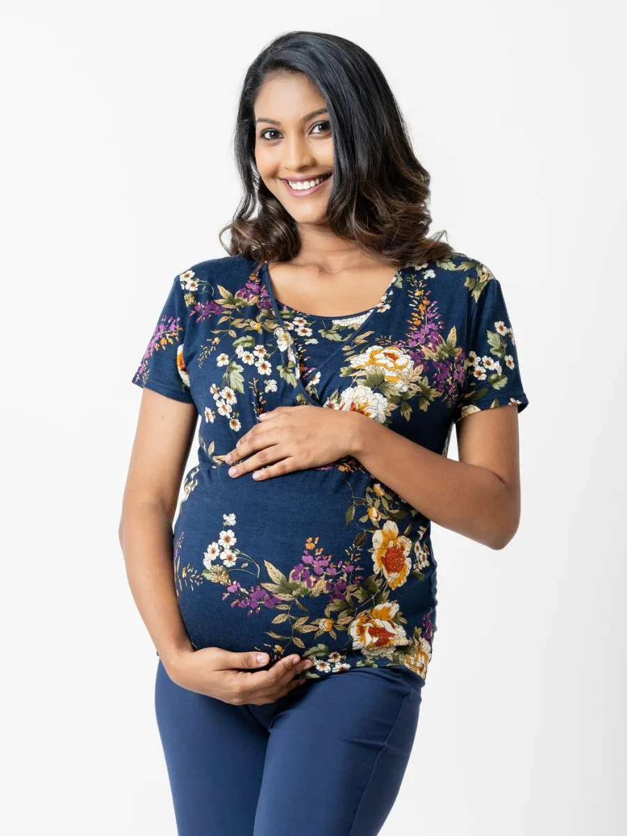 Sarah - Short Sleeve Tee & Over the Belly Pants in Navy Floral