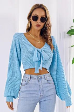 TastyHottie - Bow V-Neck Long Sleeve Cropped Sweater