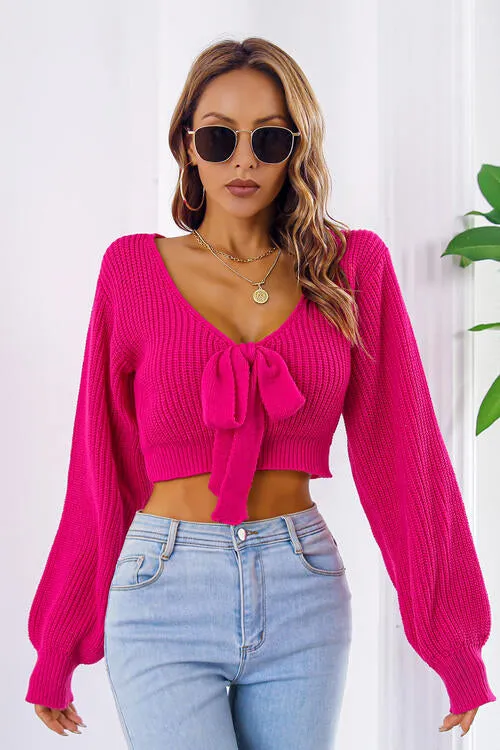 TastyHottie - Bow V-Neck Long Sleeve Cropped Sweater