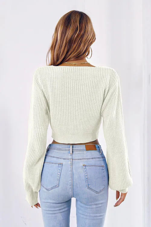 TastyHottie - Bow V-Neck Long Sleeve Cropped Sweater