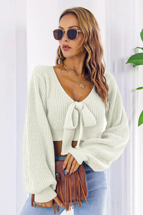 TastyHottie - Bow V-Neck Long Sleeve Cropped Sweater