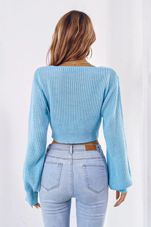 TastyHottie - Bow V-Neck Long Sleeve Cropped Sweater