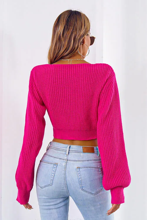 TastyHottie - Bow V-Neck Long Sleeve Cropped Sweater