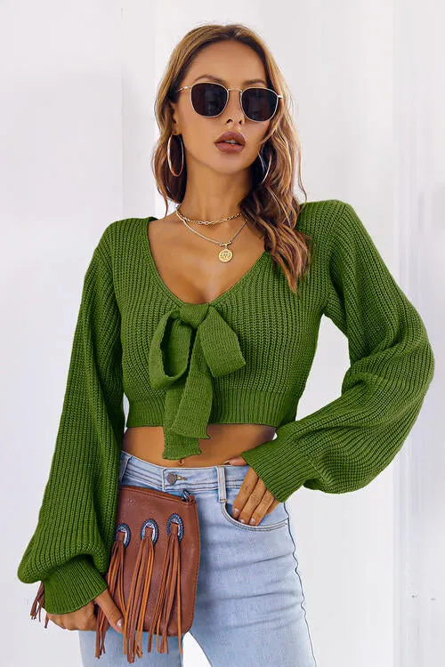 TastyHottie - Bow V-Neck Long Sleeve Cropped Sweater