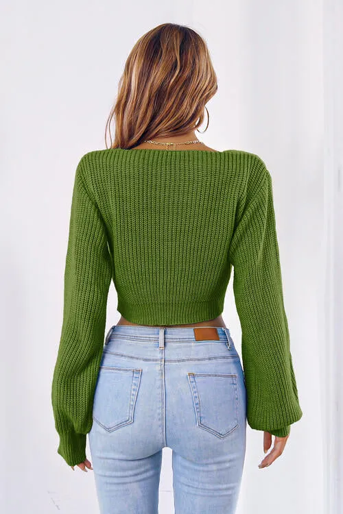 TastyHottie - Bow V-Neck Long Sleeve Cropped Sweater