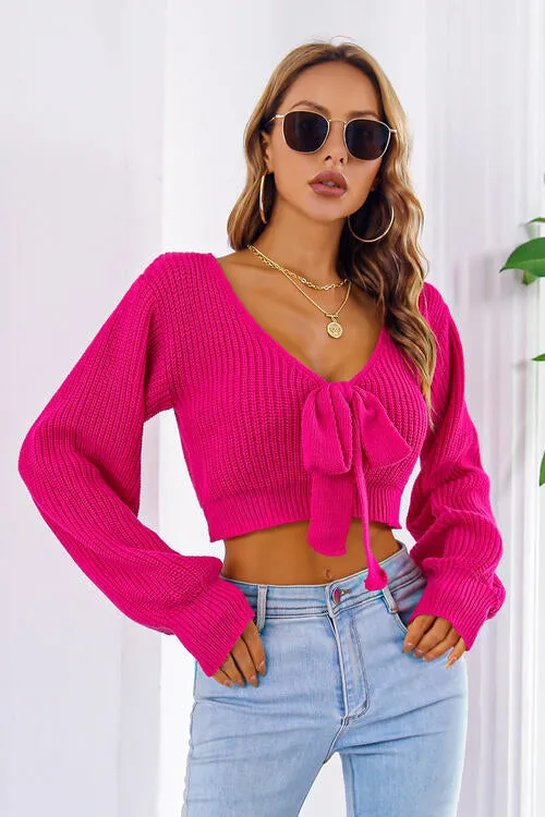 TastyHottie - Bow V-Neck Long Sleeve Cropped Sweater