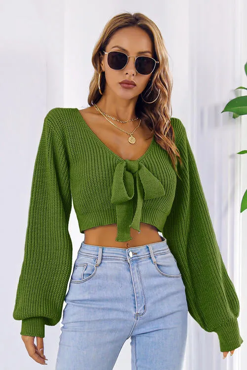TastyHottie - Bow V-Neck Long Sleeve Cropped Sweater