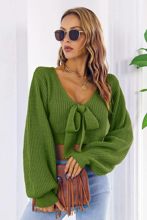 TastyHottie - Bow V-Neck Long Sleeve Cropped Sweater