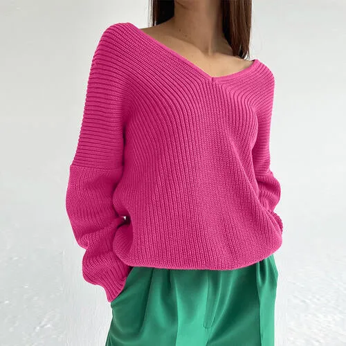 TastyHottie - V-Neck Dropped Shoulder Long Sleeve Sweater