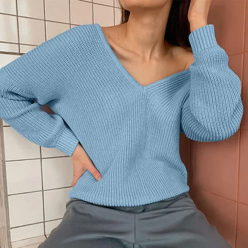 TastyHottie - V-Neck Dropped Shoulder Long Sleeve Sweater