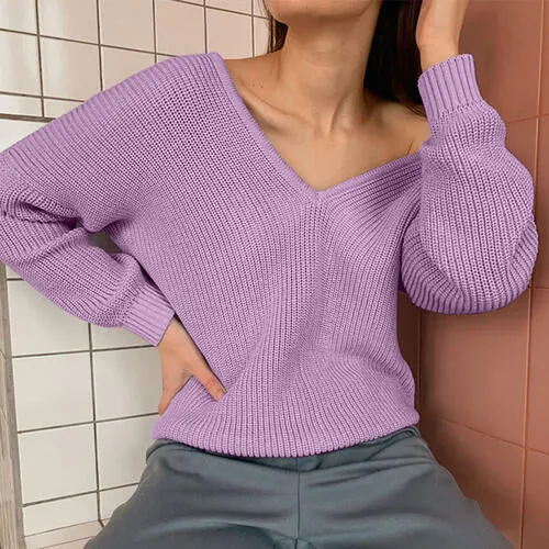 TastyHottie - V-Neck Dropped Shoulder Long Sleeve Sweater