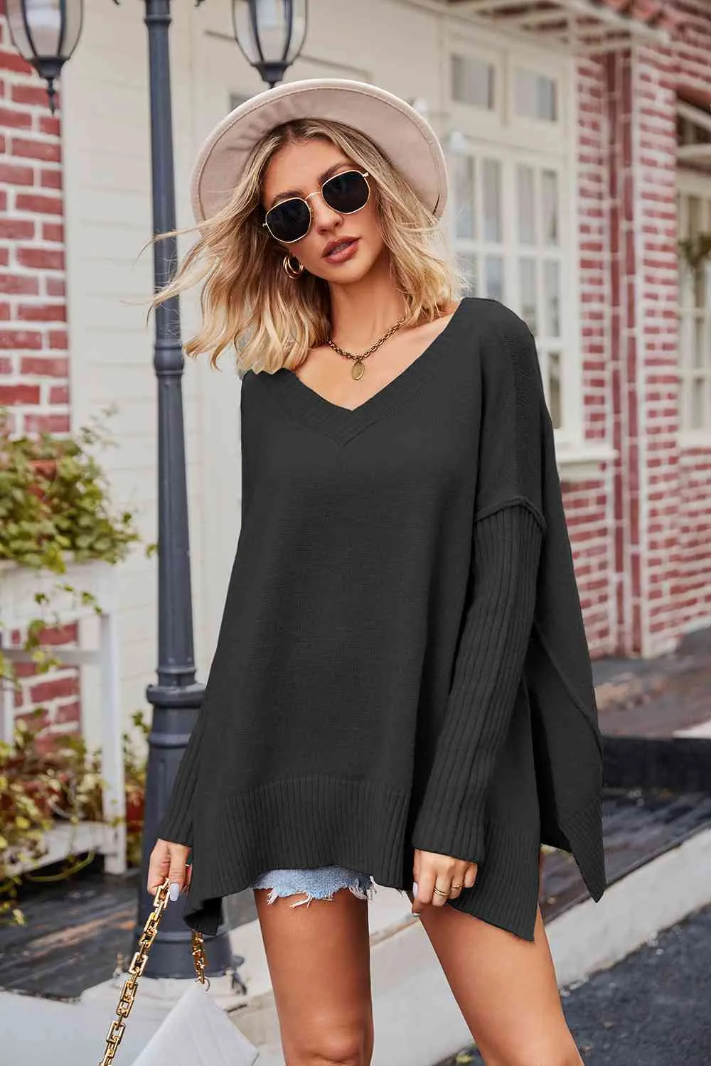 TastyHottie - V-Neck Slit Exposed Seam Sweater