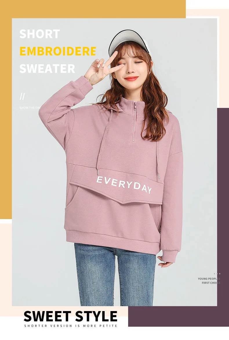 Women Trendy City College Cotton Hooded Sweatshirt Pocket Design Outerwear