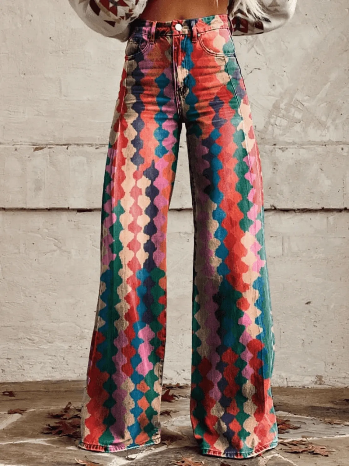 Women's High-Waisted Wide Leg Geometric Pants
