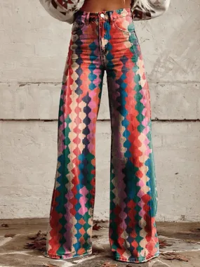 Women's High-Waisted Wide Leg Geometric Pants