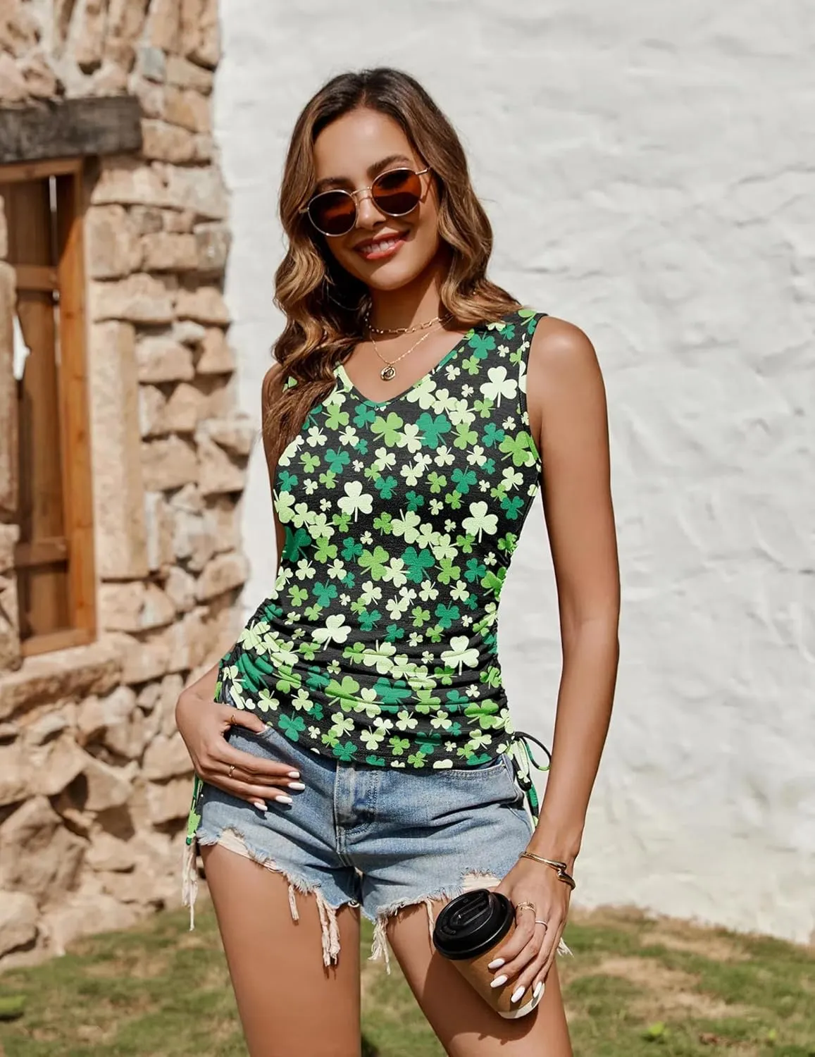 Zeagoo Tank Tops V Neck Casual Side Ruched Drawstring Shirts