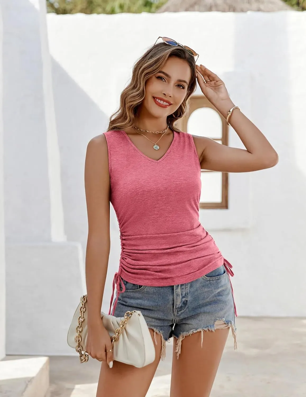 Zeagoo Tank Tops V Neck Casual Side Ruched Drawstring Shirts