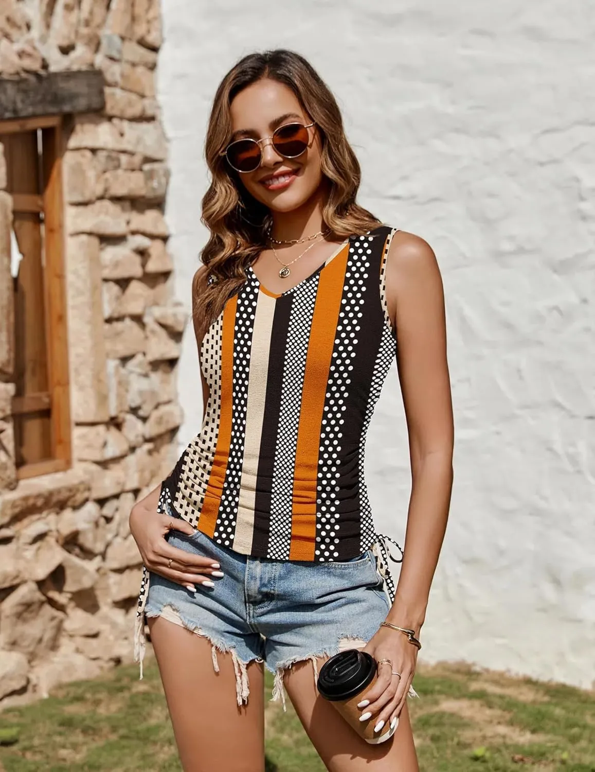 Zeagoo Tank Tops V Neck Casual Side Ruched Drawstring Shirts
