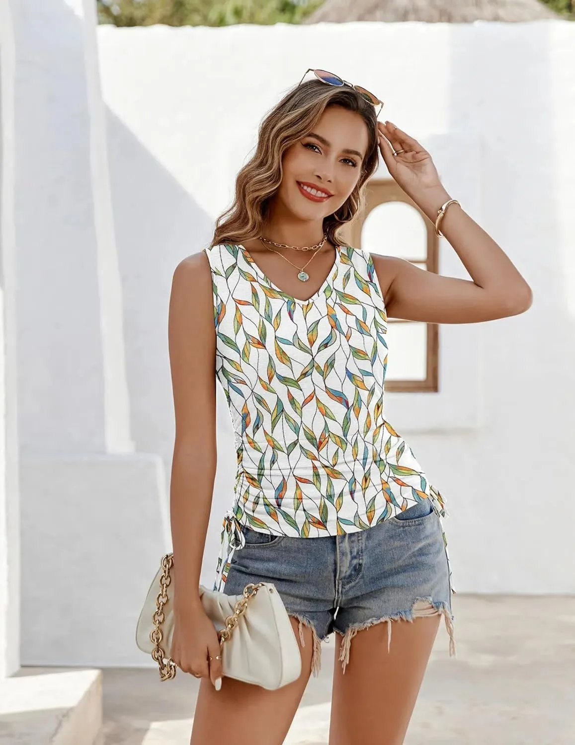 Zeagoo Tank Tops V Neck Casual Side Ruched Drawstring Shirts